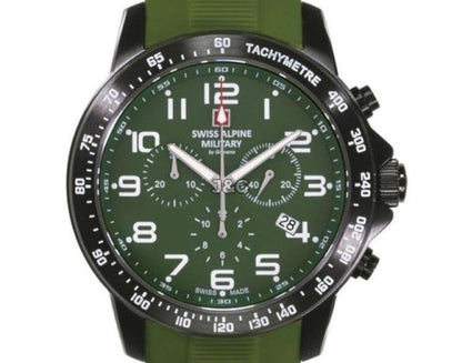 Swiss Alpine Military Luminous hands Green Rubber Male 7064.9874.-.GW. A brand-new Swiss Alpine Military watch featuring a Green dial and a Rubber strap. Angled view. - view 2
