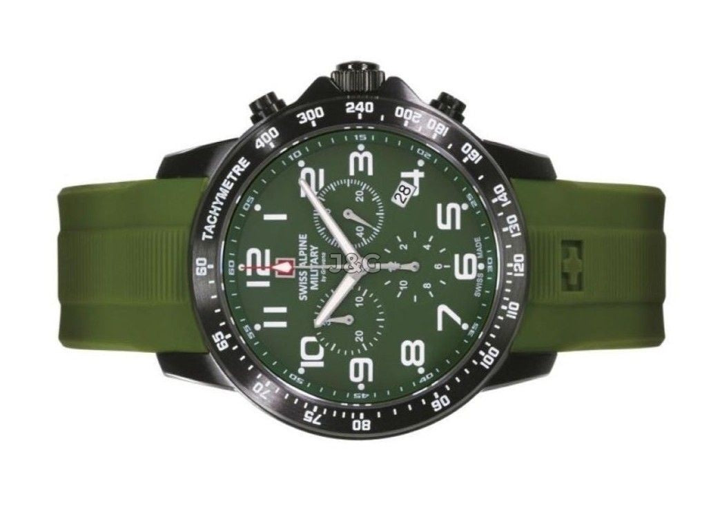 Swiss Alpine Military Luminous hands Green Rubber Male 7064.9874.-.GW. A brand-new Swiss Alpine Military watch featuring a Green dial and a Rubber strap. Angled view. - view 3