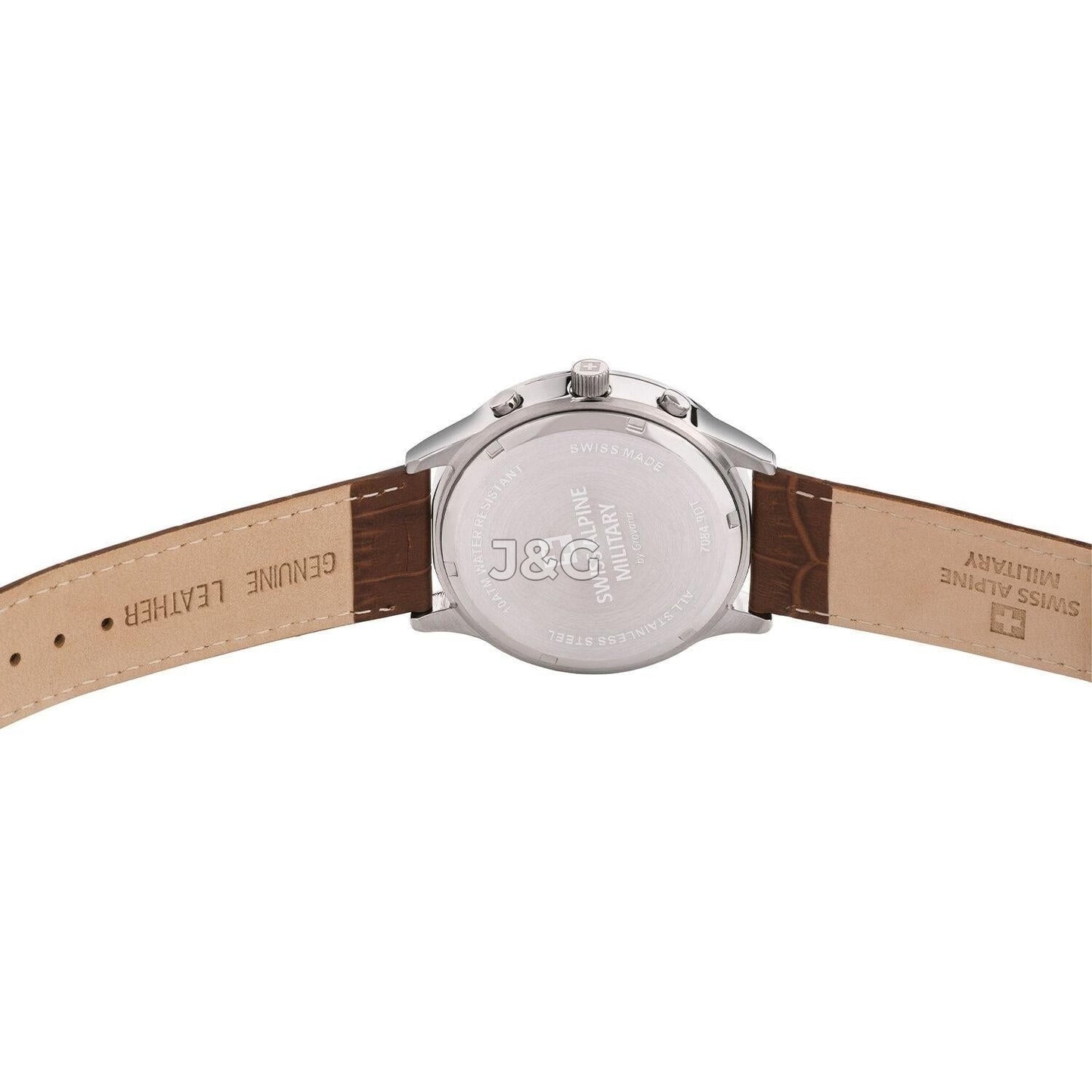 Swiss Alpine Military Luminous hands Silver Leather Male 7084.9532.-.GW. A brand-new Swiss Alpine Military watch featuring a Silver dial and a Leather strap. Angled view. - view 3