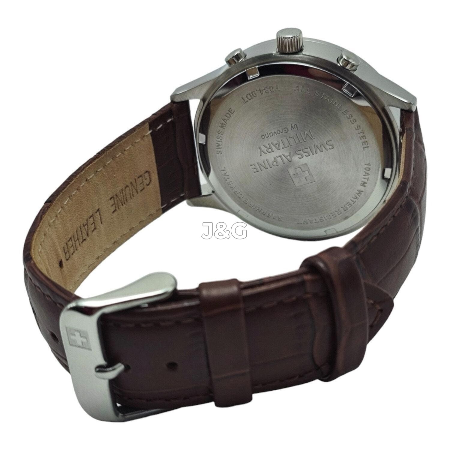 Swiss Alpine Military Luminous hands Silver Leather Male 7084.9532.-.GW. A brand-new Swiss Alpine Military watch featuring a Silver dial and a Leather strap. Angled view. - view 4