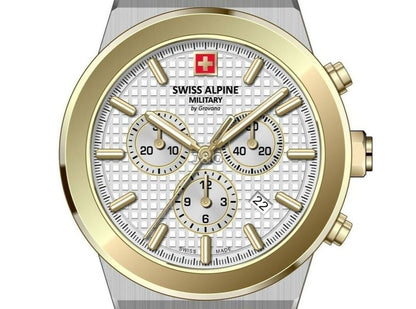 Swiss Alpine Military Pioneer Quartz movement Silver Stainless steel Male 7048.9142.-.GW. A brand-new Swiss Alpine Military Pioneer watch featuring a Silver dial and a Stainless steel strap. Angled view. - view 2