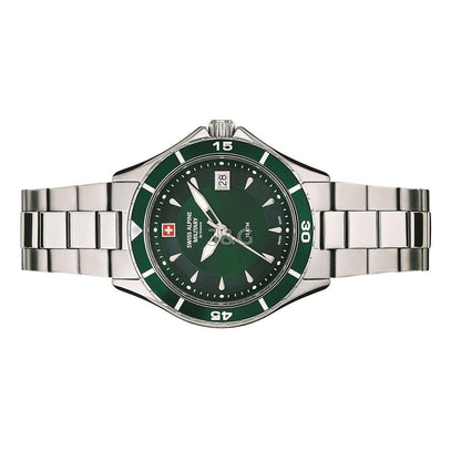 Swiss Alpine Military Quartz movement Green Stainless steel Female 7740.1134.-.GW. A brand-new Swiss Alpine Military watch featuring a Green dial and a Stainless steel strap. Angled view. - view 3