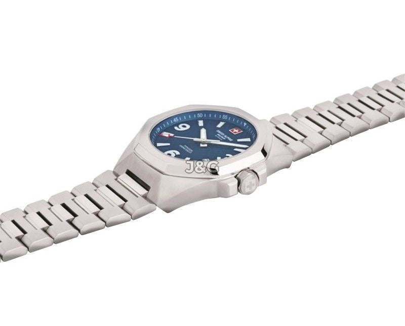 Swiss Alpine Military Typhoon Quartz movement Blue Stainless steel Male 7005.1135.-.GW. A brand-new Swiss Alpine Military Typhoon watch featuring a Blue dial and a Stainless steel strap. Side view. - view 2
