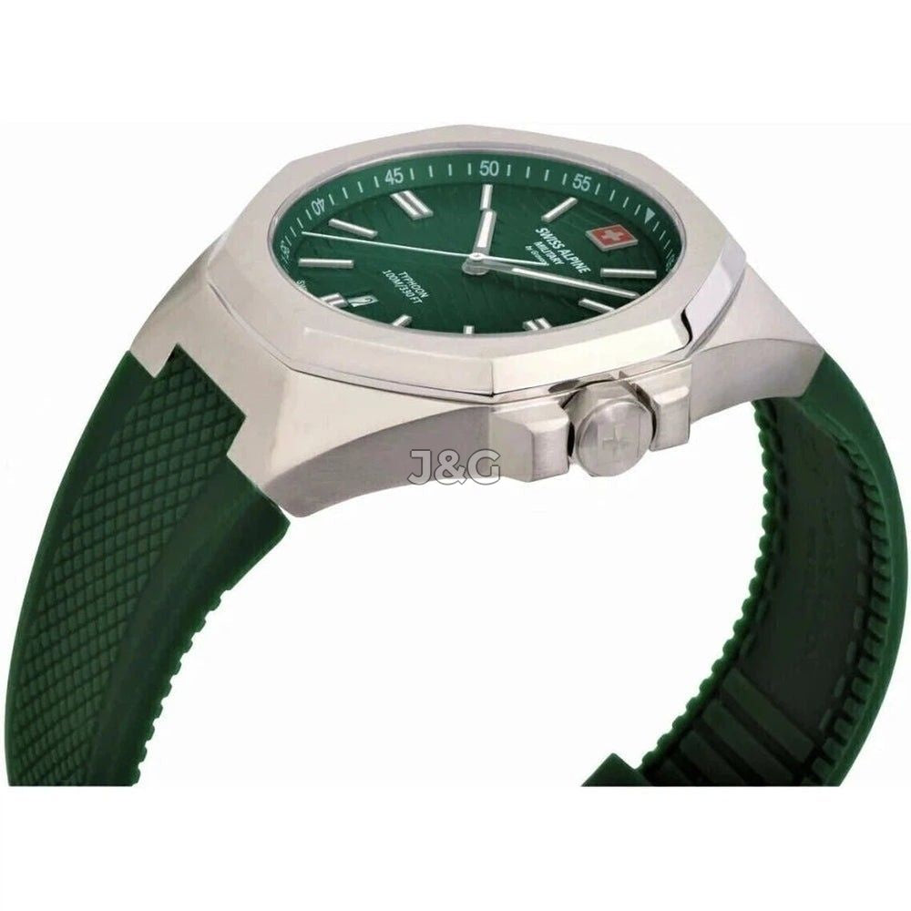 Swiss Alpine Military Typhoon Quartz movement Green Silicone Male 7006.1834.-.GW. A brand-new Swiss Alpine Military Typhoon watch featuring a Green dial and a Silicone strap. Side view. - view 2