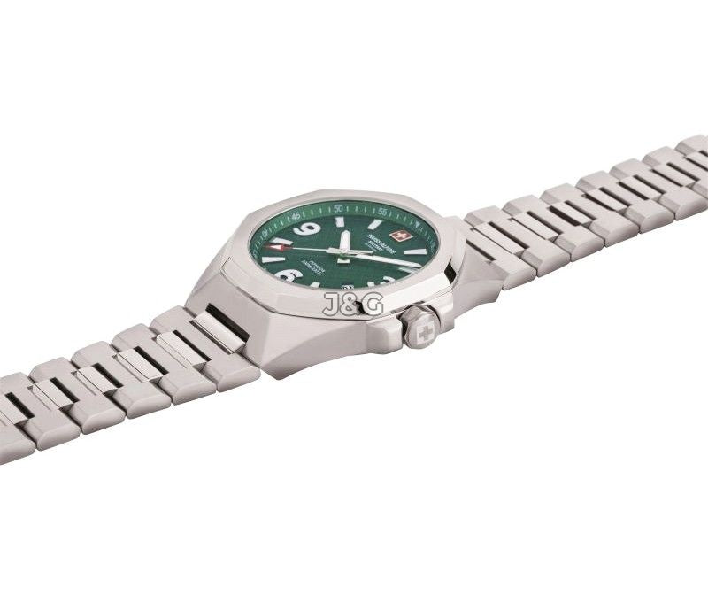 Swiss Alpine Military Typhoon Quartz movement Green Stainless steel Male 7005.1134.-.GW. A brand-new Swiss Alpine Military Typhoon watch featuring a Green dial and a Stainless steel strap. Front view. - view 2