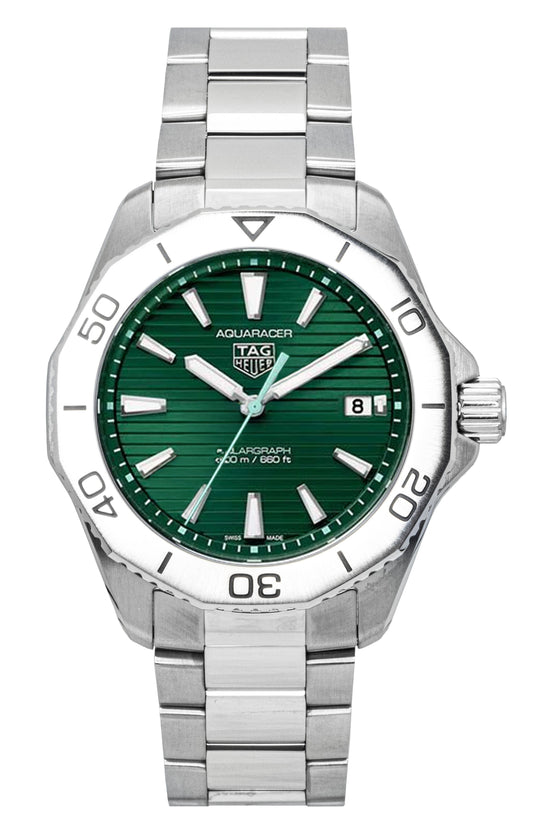 Tag Heuer Aquaracer Solargraph Stainless Steel Green Dial. A brand-new Tag Heuer Aquaracer watch featuring a Green dial and a Stainless steel strap. Angled view.