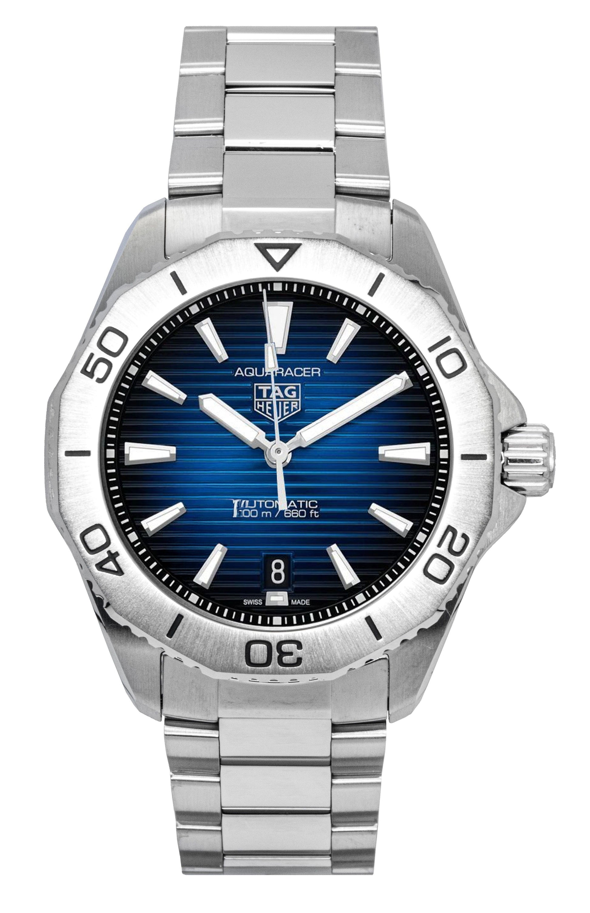 Tag Heuer Aquaracer Stainless Steel Blue Dial Automatic. A brand-new Tag Heuer Aquaracer watch featuring a Blue dial and a Stainless steel strap. Front view.