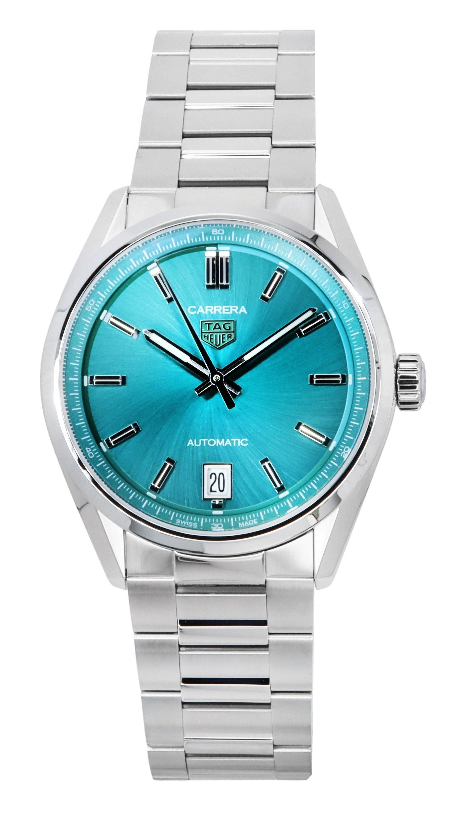 TAG Heuer Carrera Stainless Steel Turquoise Blue Dial. A brand-new Tag Heuer Carrera watch featuring a Blue dial and a Stainless steel strap. Side view.