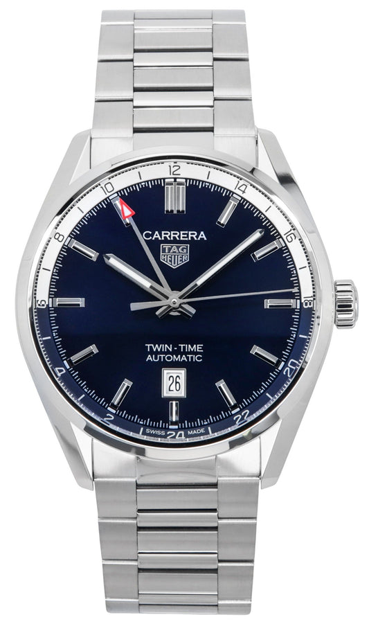 Tag Heuer Carrera Twin-Time GMT Stainless Steel Blue Dial. A brand-new Tag Heuer Carrera watch featuring a Blue dial and a Stainless steel strap. Side view.
