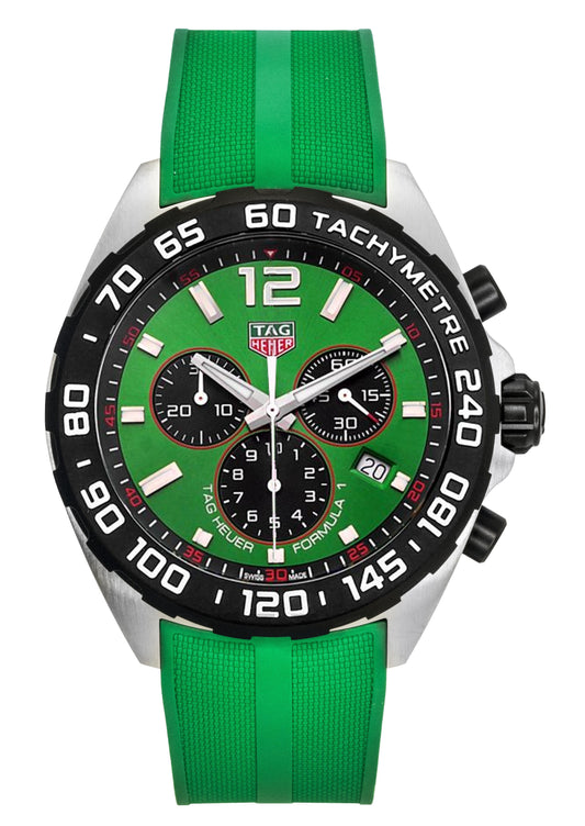 Tag Heuer Formula 1 Chronograph Rubber Strap Green Dial. A brand-new Tag Heuer Formula 1 watch featuring a Green dial and a Rubber strap. Angled view.