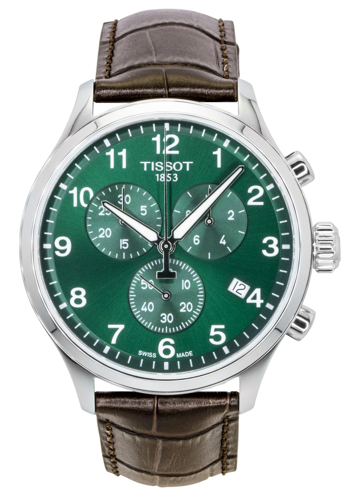 Tissot Chrono XL Classic Chronograph Stainless Steel Green. A brand-new Tissot watch featuring a Green dial and a Stainless steel strap. Front view.