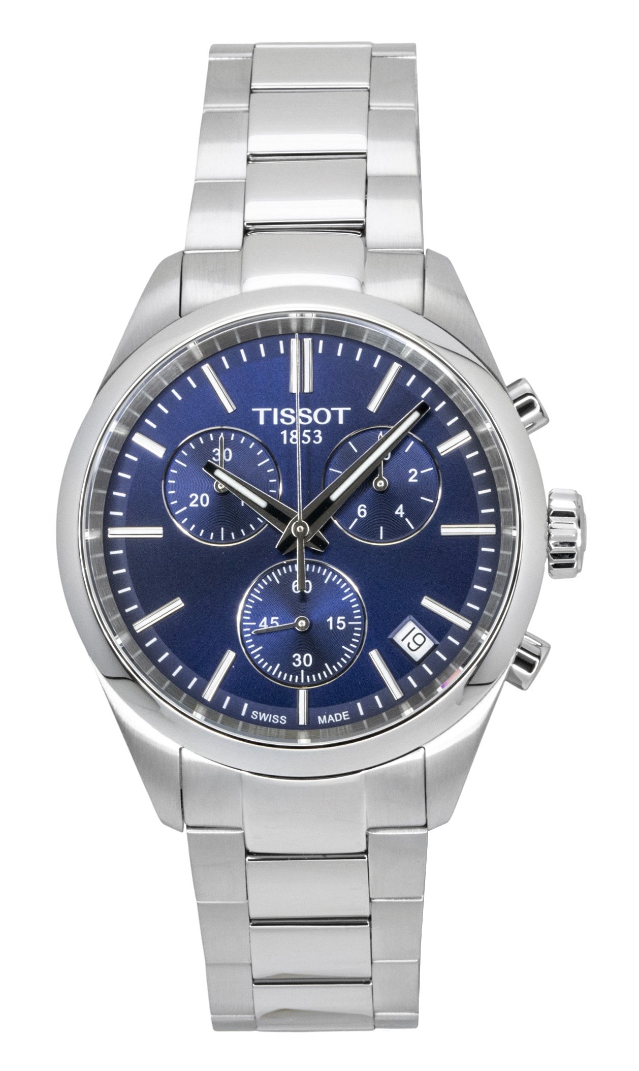 Tissot PR 100 Chronograph Stainless Steel Blue Dial Quartz. A brand-new Tissot watch featuring a Blue dial and a Stainless steel strap. Front view.