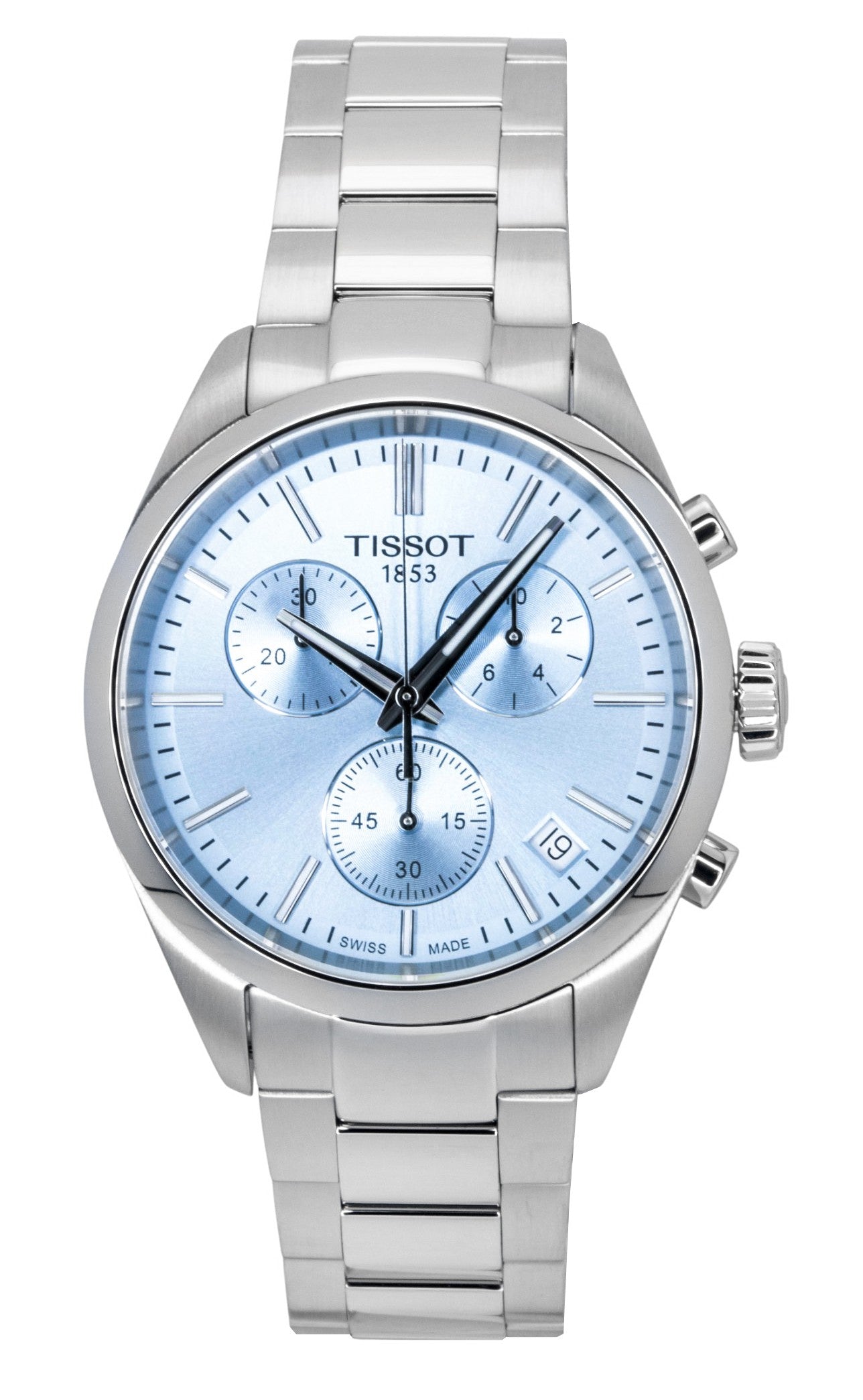 Tissot PR 100 Chronograph Stainless Steel Ice Blue Dial. A brand-new Tissot watch featuring a Blue dial and a Stainless steel strap. Angled view.