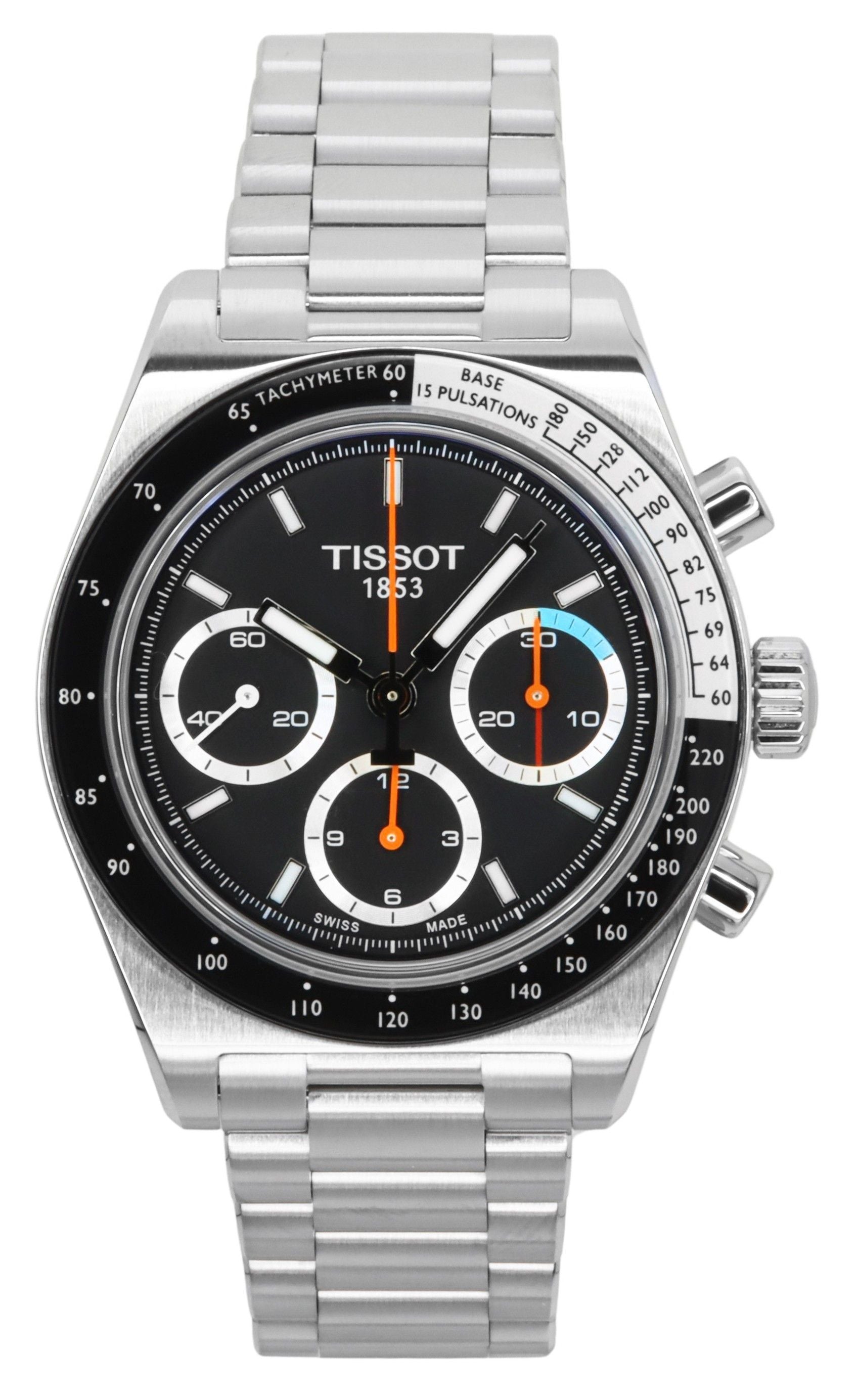 Tissot PR516 Chronograph Stainless Steel Black Dial. A brand-new Tissot watch featuring a Black dial and a Stainless steel strap. Front view.