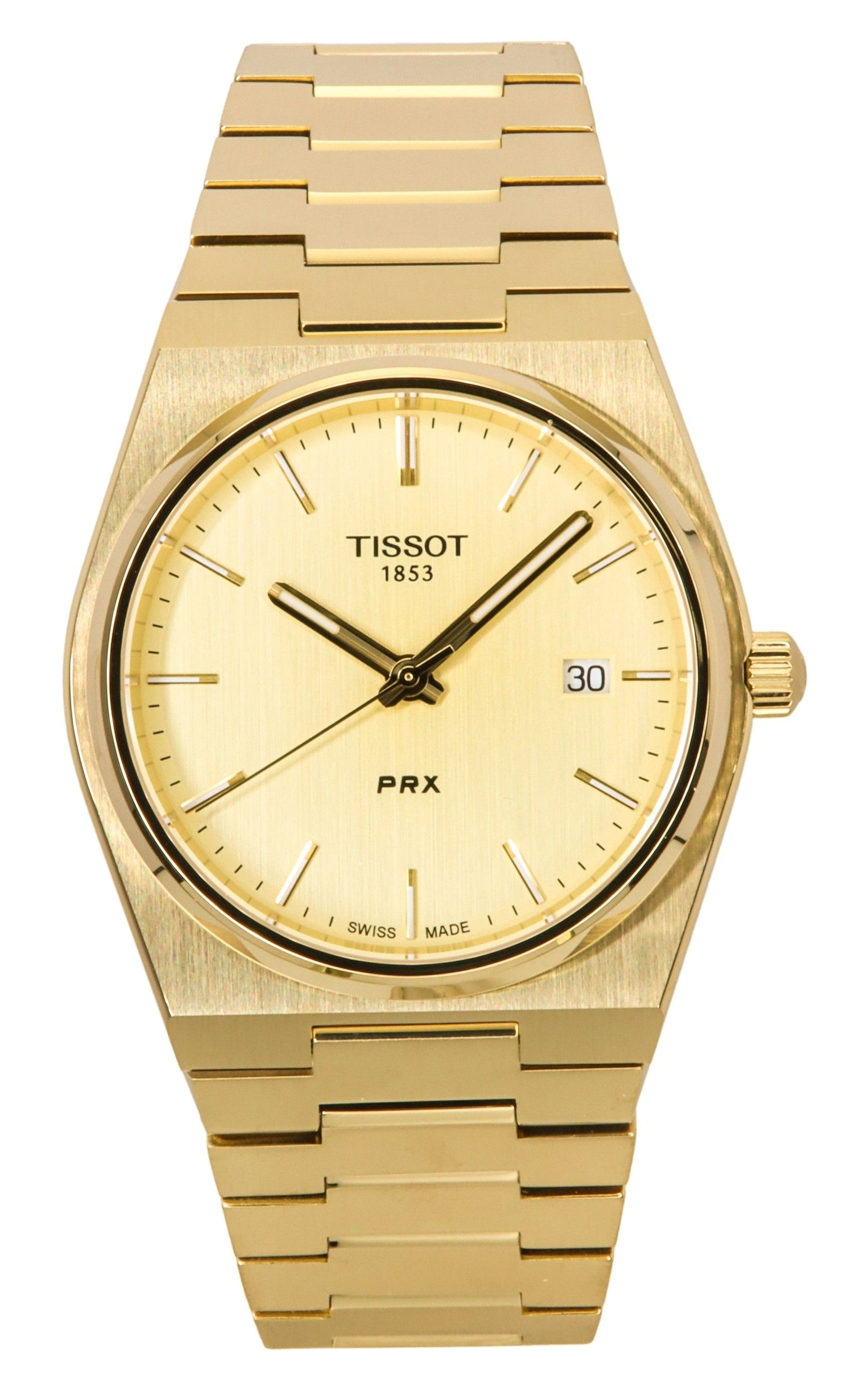 Tissot PRX Gold Tone Stainless Steel Champagne Dial Quartz. A brand-new Tissot watch featuring a Champagne dial and a Stainless steel strap. Front view.