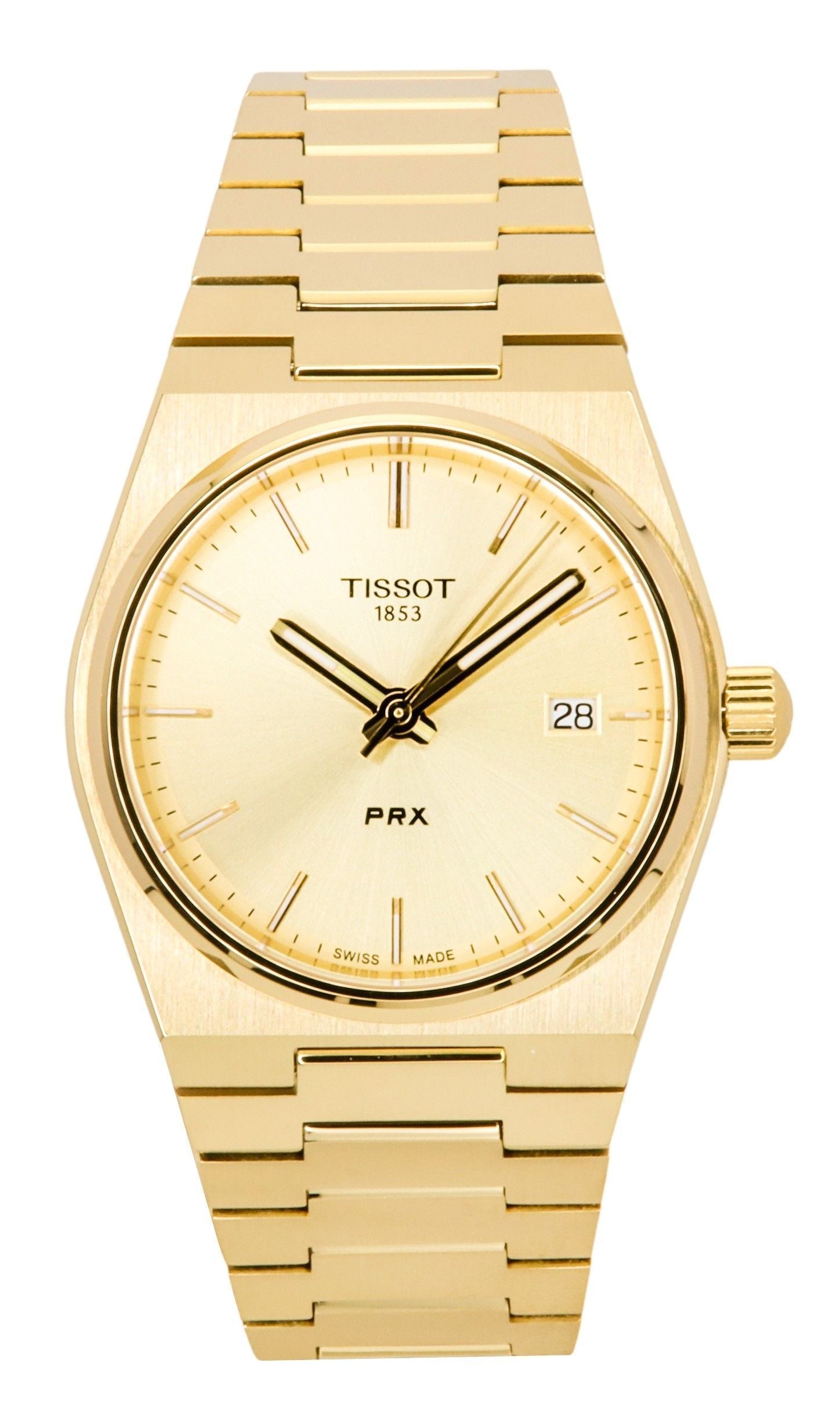 Tissot PRX Gold Tone Stainless Steel Champagne Dial Swiss. A brand-new Tissot watch featuring a Champagne dial and a Stainless steel strap. Angled view.