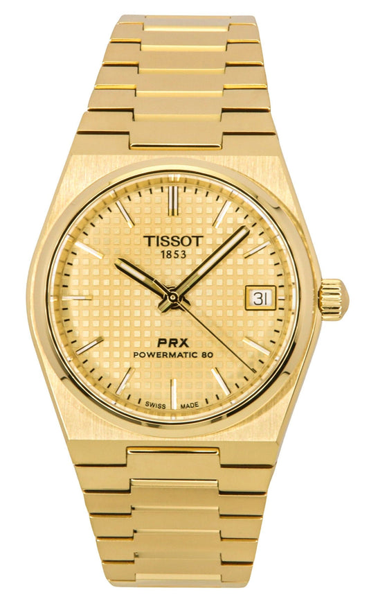 Tissot PRX Powermatic 80 Gold Tone Stainless Steel. A brand-new Tissot watch featuring a Champagne dial and a Stainless steel strap. Front view.