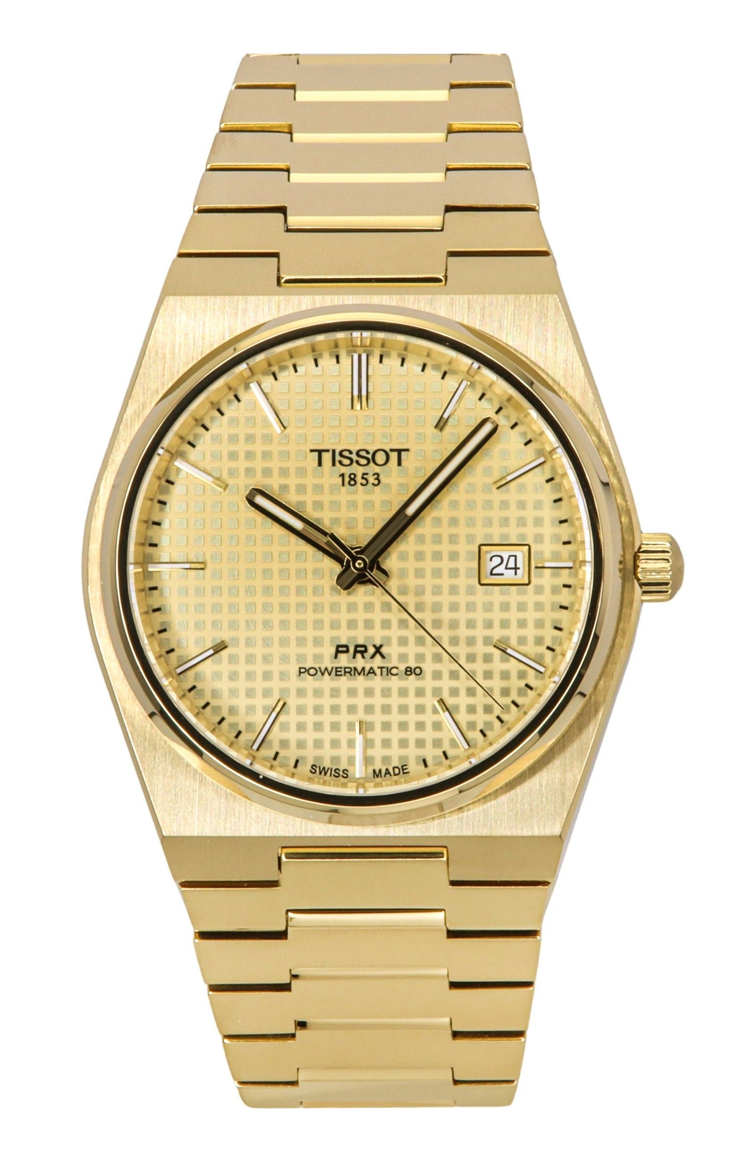 Tissot PRX Powermatic 80 Gold Tone Stainless Steel. A brand-new Tissot watch featuring a Champagne dial and a Stainless steel strap. Angled view.