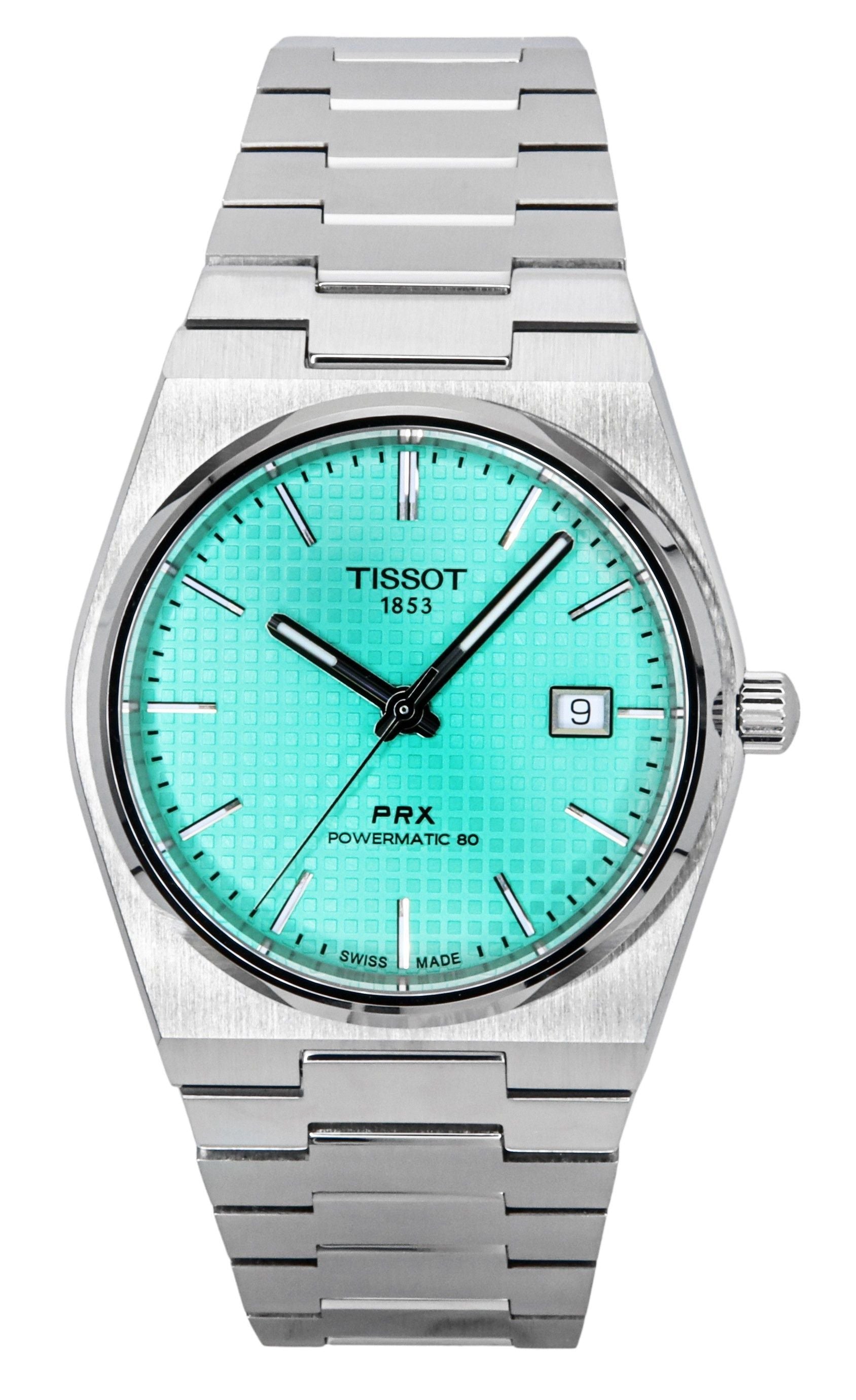 Tissot PRX Powermatic 80 Stainless Steel Light Green Dial. A brand-new Tissot watch featuring a Green dial and a Stainless steel strap. Front view.