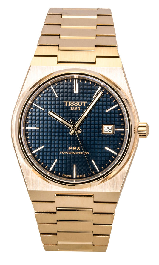 Tissot PRX Rose Gold Stainless Steel Blue Dial Automatic. A brand-new Tissot watch featuring a Blue dial and a Stainless steel strap. Side view.