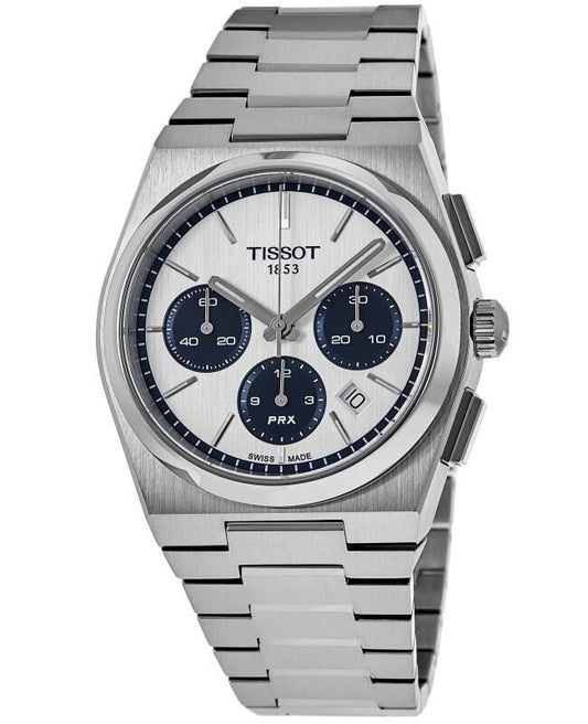 Tissot PRX T-Classic Chronograph White Dial Automatic. A brand-new Tissot T-Classic watch featuring a White dial. Angled view.