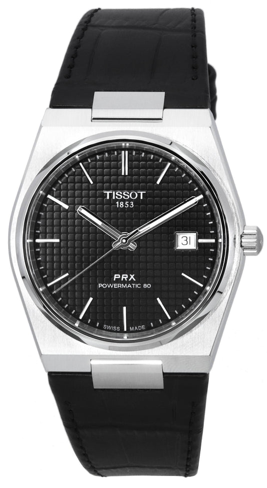 Tissot PRX T-Classic Powermatic 80 Black Dial. A brand-new Tissot T-Classic watch featuring a Black dial and a Leather strap. Front view.