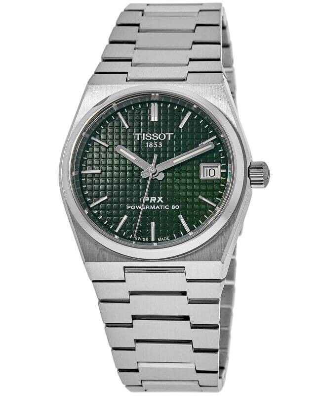 Tissot PRX T-Classic Powermatic 80 Green Dial Automatic 100M. A brand-new Tissot T-Classic watch featuring a Green dial and a Stainless steel strap. Angled view.