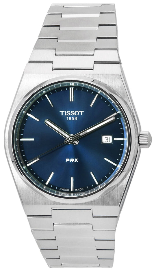 Tissot PRX T-Classic Stainless Steel Blue Dial Quartz. A brand-new Tissot T-Classic watch featuring a Blue dial and a Stainless steel strap. Side view.