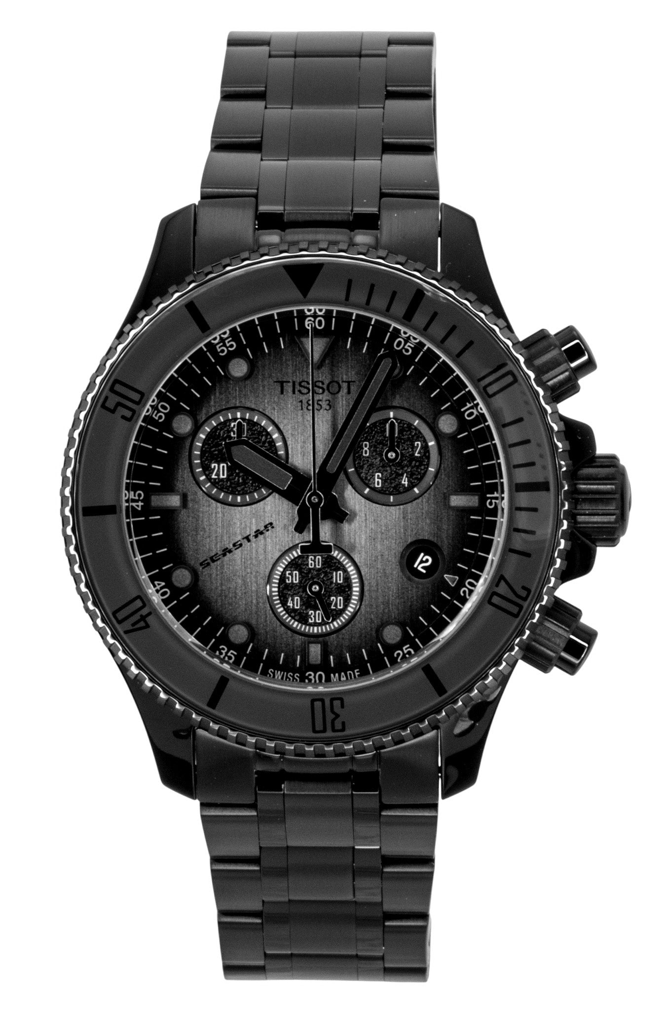 Tissot Seastar 1000 Chronograph Black Stainless Steel Black. A brand-new Tissot watch featuring a Black dial and a Stainless steel strap. Front view.