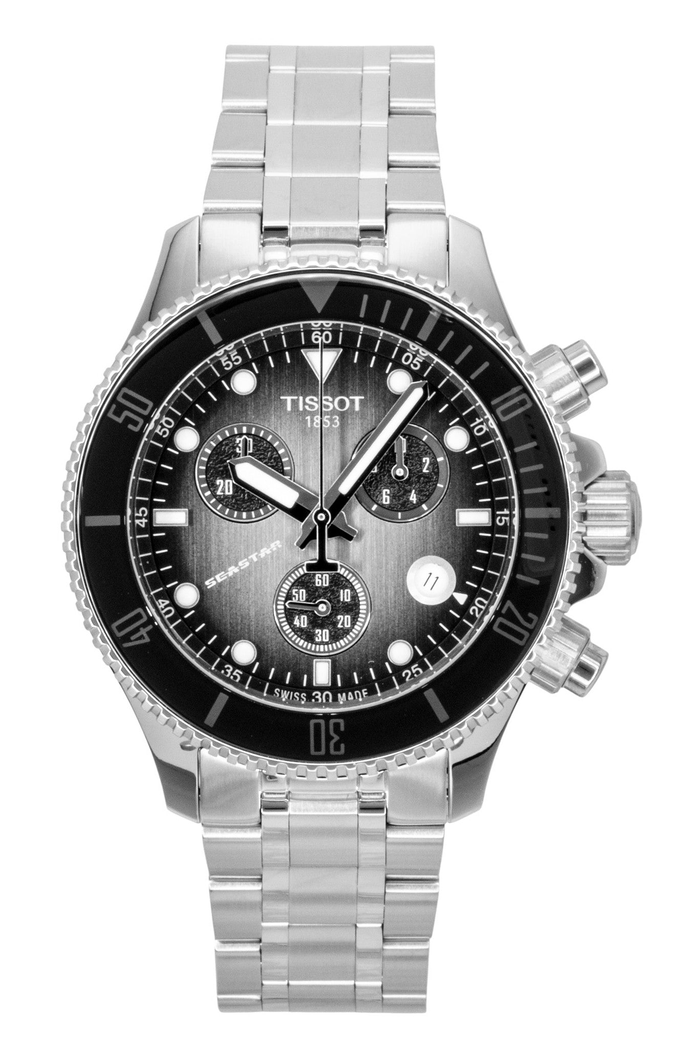 Tissot Seastar 1000 Chronograph Stainless Steel Black Dial. A brand-new Tissot watch featuring a Black dial and a Stainless steel strap. Angled view.