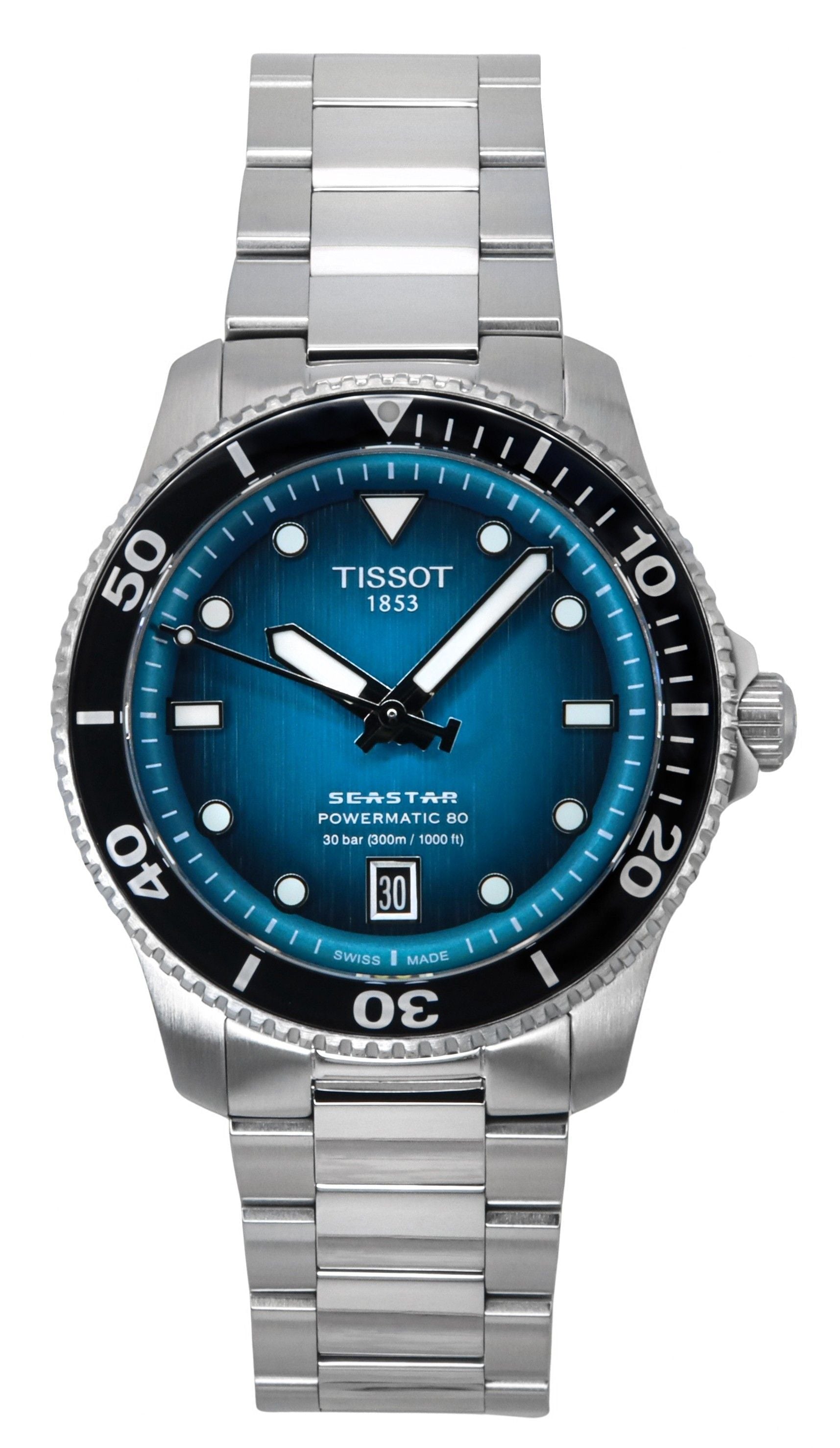 Tissot Seastar 1000 Powermatic 80 Turquoise Dial Automatic. A brand-new Tissot watch featuring a Turquoise dial and a Stainless steel strap. Angled view.