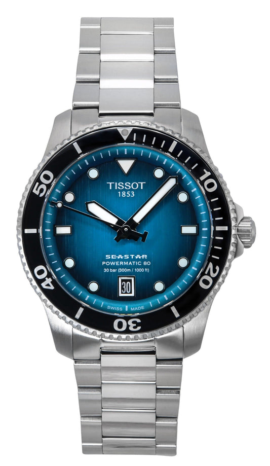 Tissot Seastar 1000 Powermatic 80 Turquoise Dial Automatic. A brand-new Tissot watch featuring a Turquoise dial and a Stainless steel strap. Angled view.