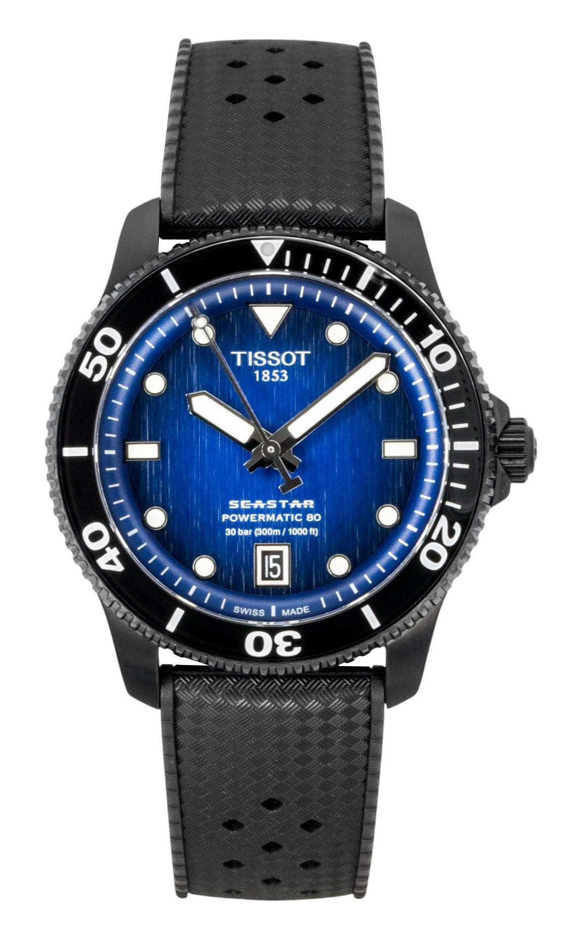 Tissot Seastar 1000 Synthetic Strap Blue Dial Automatic. A brand-new Tissot watch featuring a Blue dial. Side view.