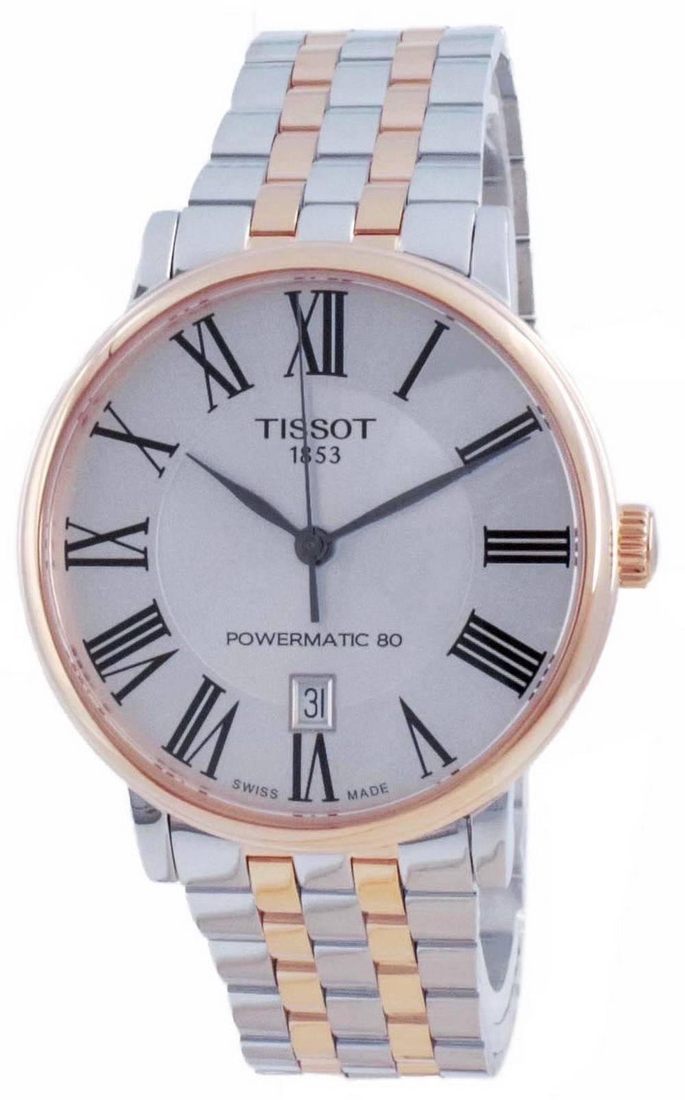 Tissot T- Classic Carson Premium Powermatic 80 Automatic. A brand-new Tissot watch featuring a Stainless steel strap. Front view.