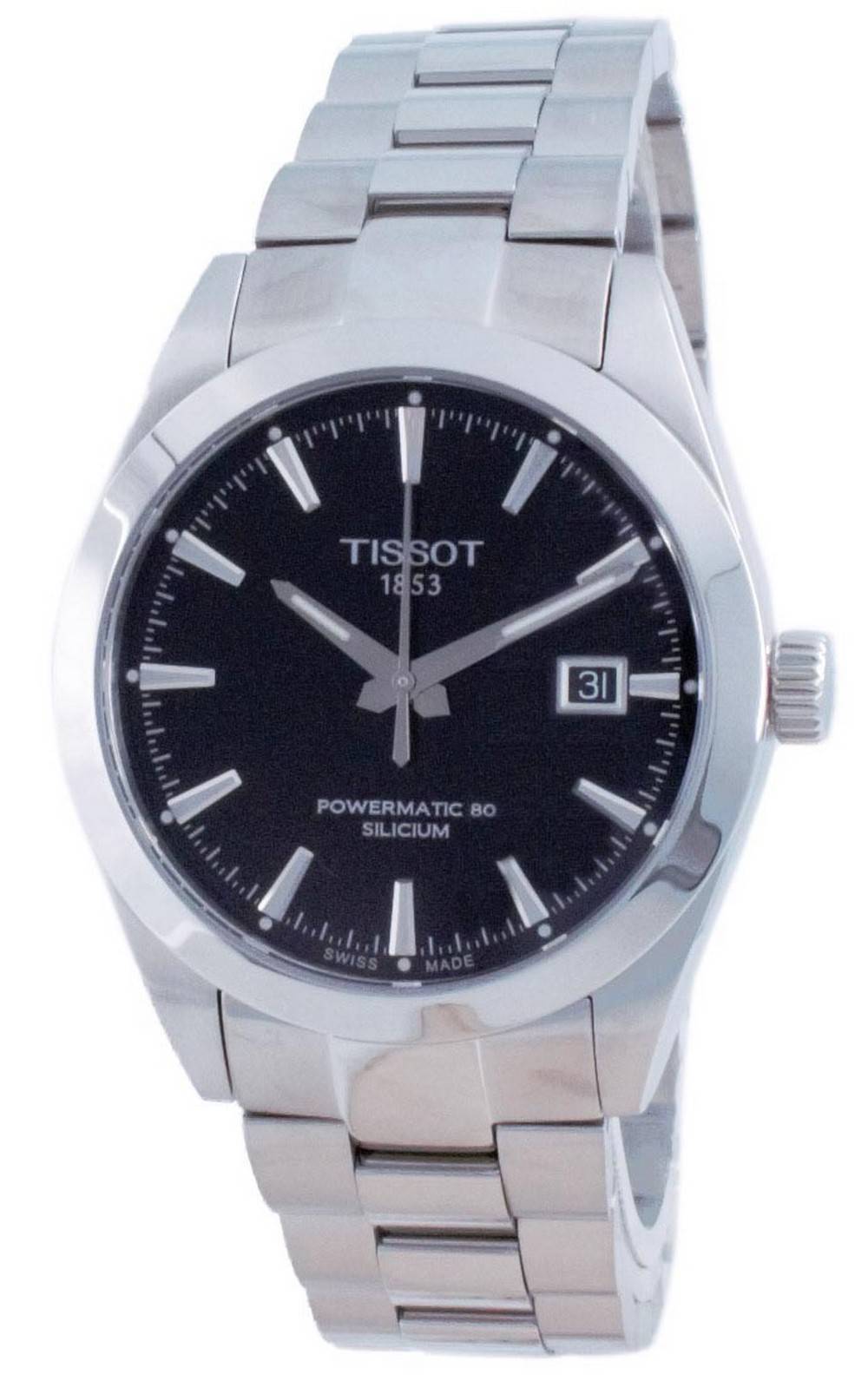 Tissot T-Classic Gentleman Powermatic 80 Silicium Automatic. A brand-new Tissot T-Classic watch featuring a Stainless steel strap. Front view.