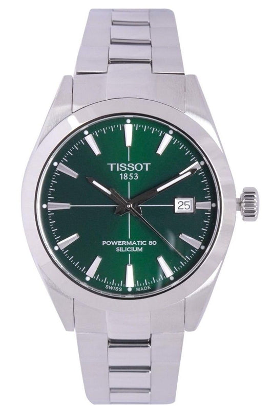 Tissot T-Classic Gentleman Powermatic 80 Silicium Automatic. A brand-new Tissot T-Classic watch featuring a Stainless steel strap. Front view.