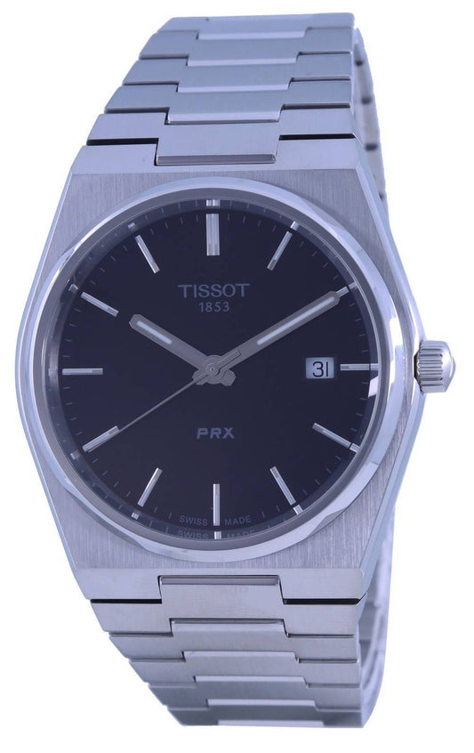Tissot T-Classic PRX Black Dial Quartz T1374101105100 100M. A brand-new Tissot T-Classic watch featuring a Black dial and a Stainless steel strap. Side view.