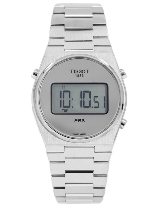Tissot T-Classic PRX Digital Stainless Steel Silver Mirror. A brand-new Tissot T-Classic watch featuring a Stainless steel strap. Front view.