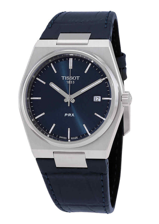 Tissot T-Classic PRX Leather Strap Blue Dial Quartz. A brand-new Tissot T-Classic watch featuring a Blue dial and a Leather strap. Side view.