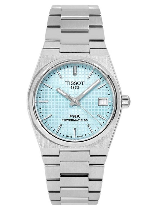 Tissot T-Classic PRX Powermatic 80 Stainless Steel Ice Blue. A brand-new Tissot T-Classic watch featuring a Blue dial and a Stainless steel strap. Front view.