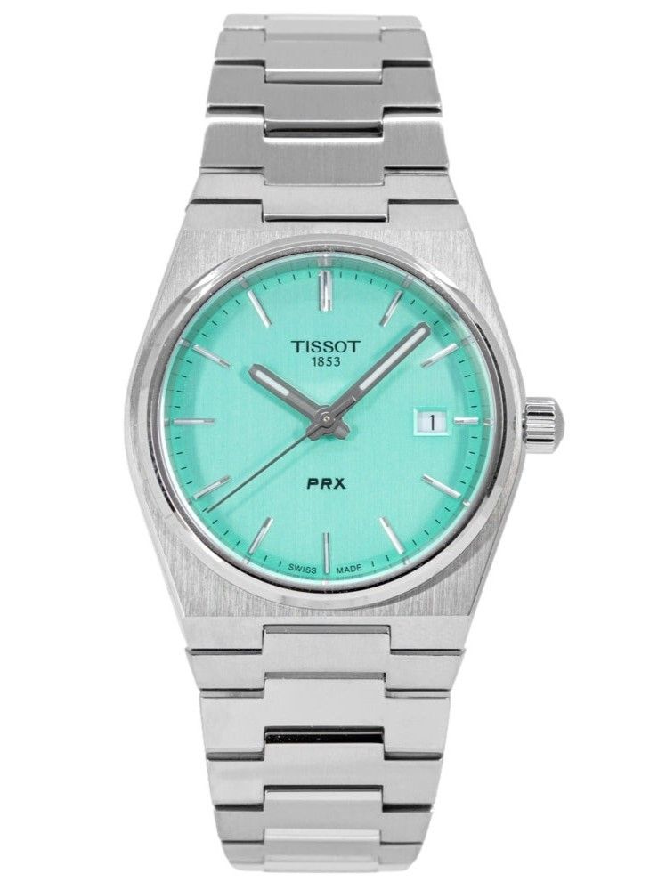 Tissot T-Classic PRX Stainless Steel Light Green Dial. A brand-new Tissot T-Classic watch featuring a Green dial and a Stainless steel strap. Front view.