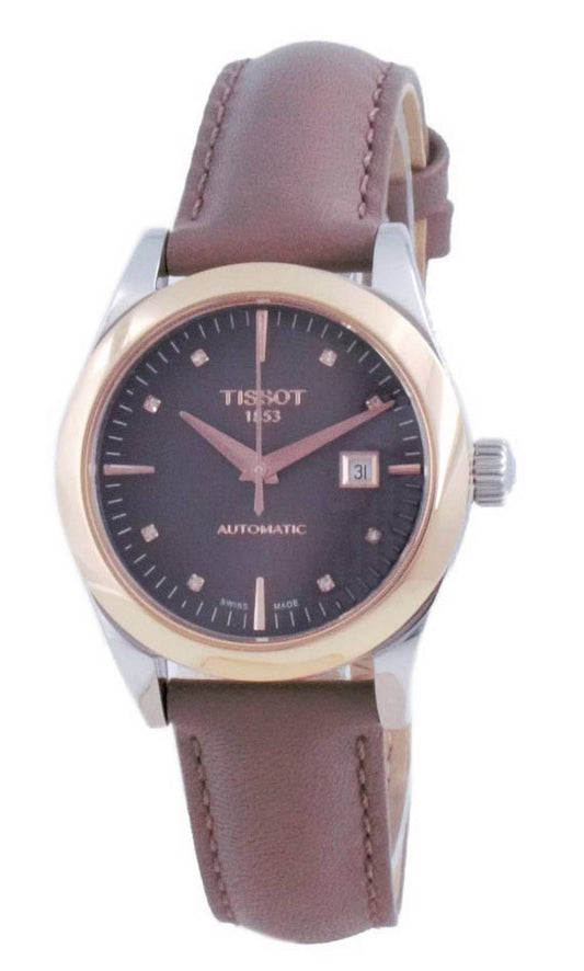 Tissot T-My Lady 18K Gold Diamond Accents Automatic. A brand-new Tissot T-My Lady watch featuring a Leather strap. Angled view.