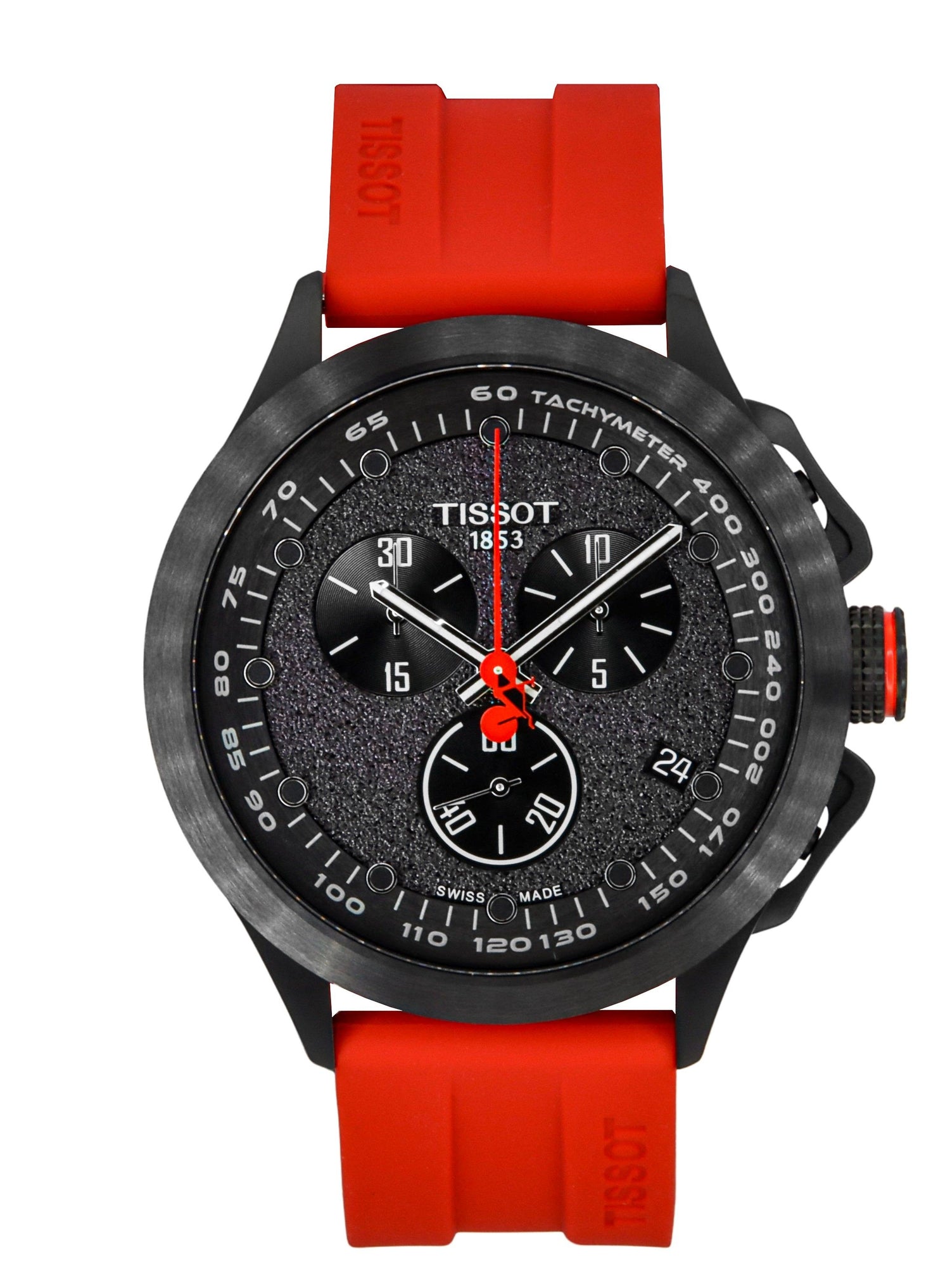 Tissot T-Race Vuelta Chronograph Silicone Strap Black Dial. A brand-new Tissot T-Race watch featuring a Black dial and a Silicone strap. Angled view.