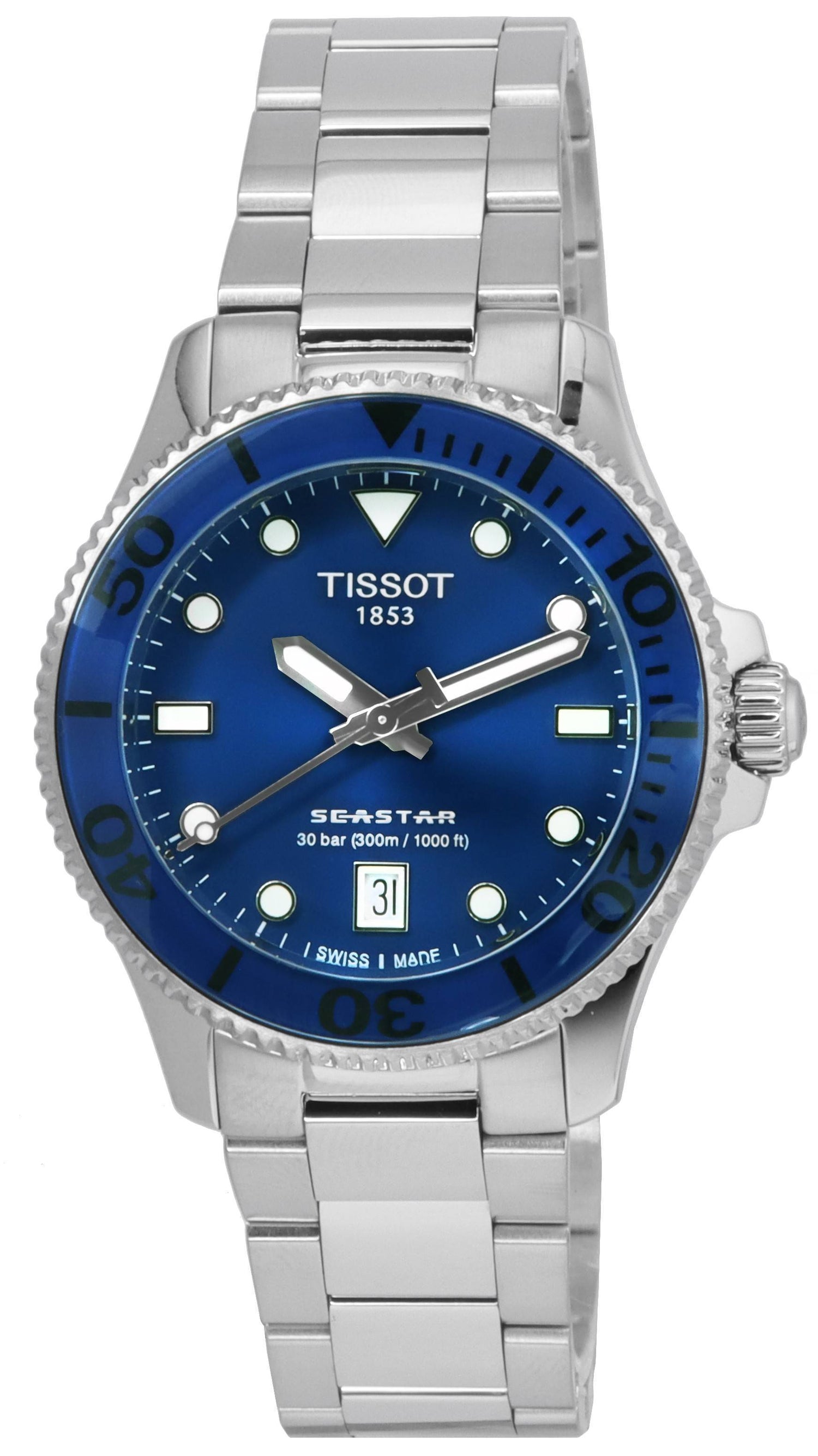 Tissot T-Sport Seastar 1000 Blue Dial Quartz Diver's. A brand-new Tissot T-Sport watch featuring a Blue dial and a Stainless steel strap. Front view.