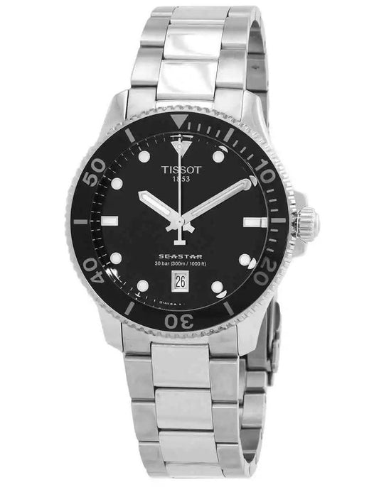 Tissot T-Sport Seastar 1000 Stainless Steel Black Dial. A brand-new Tissot T-Sport watch featuring a Black dial and a Stainless steel strap. Angled view.