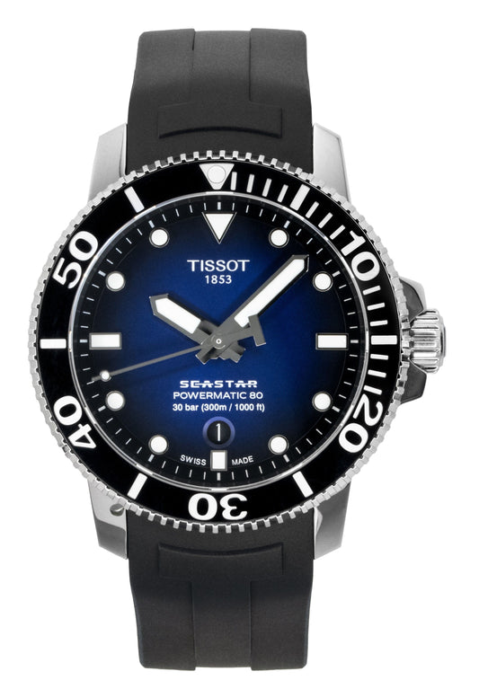 Tissot T-Sport Seastar 1000 T1204071704100 Powermatic 80. A brand-new Tissot T-Sport watch featuring a Rubber strap. Side view.