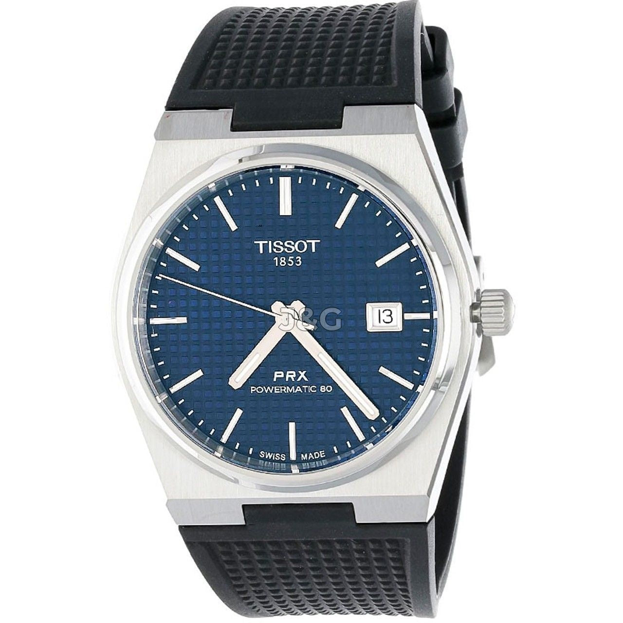 Tissot T-Classic PRX Automatic movement Blue Rubber Male T137.407.17.041.00. A brand-new Tissot T-Classic watch featuring a Blue dial and a Rubber strap. Angled view. - view 2