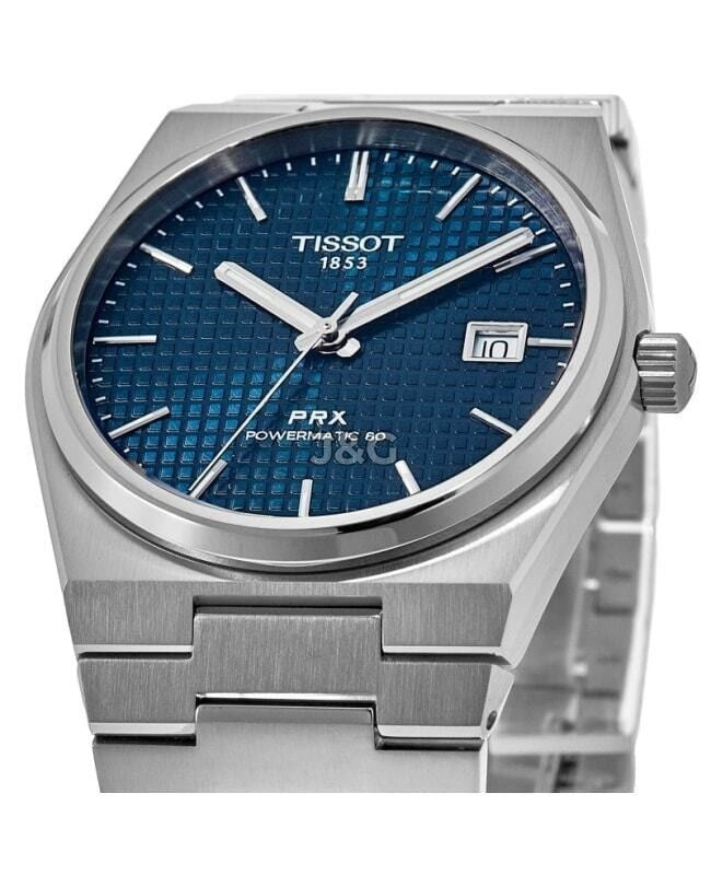 Tissot T-Classic PRX Automatic movement Blue Stainless steel Male T137.207.11.041.00. A brand-new Tissot T-Classic watch featuring a Blue dial and a Stainless steel strap. Side view. - view 2