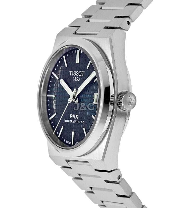 Tissot T-Classic PRX Automatic movement Blue Stainless steel Male T137.207.11.041.00. A brand-new Tissot T-Classic watch featuring a Blue dial and a Stainless steel strap. Side view. - view 3