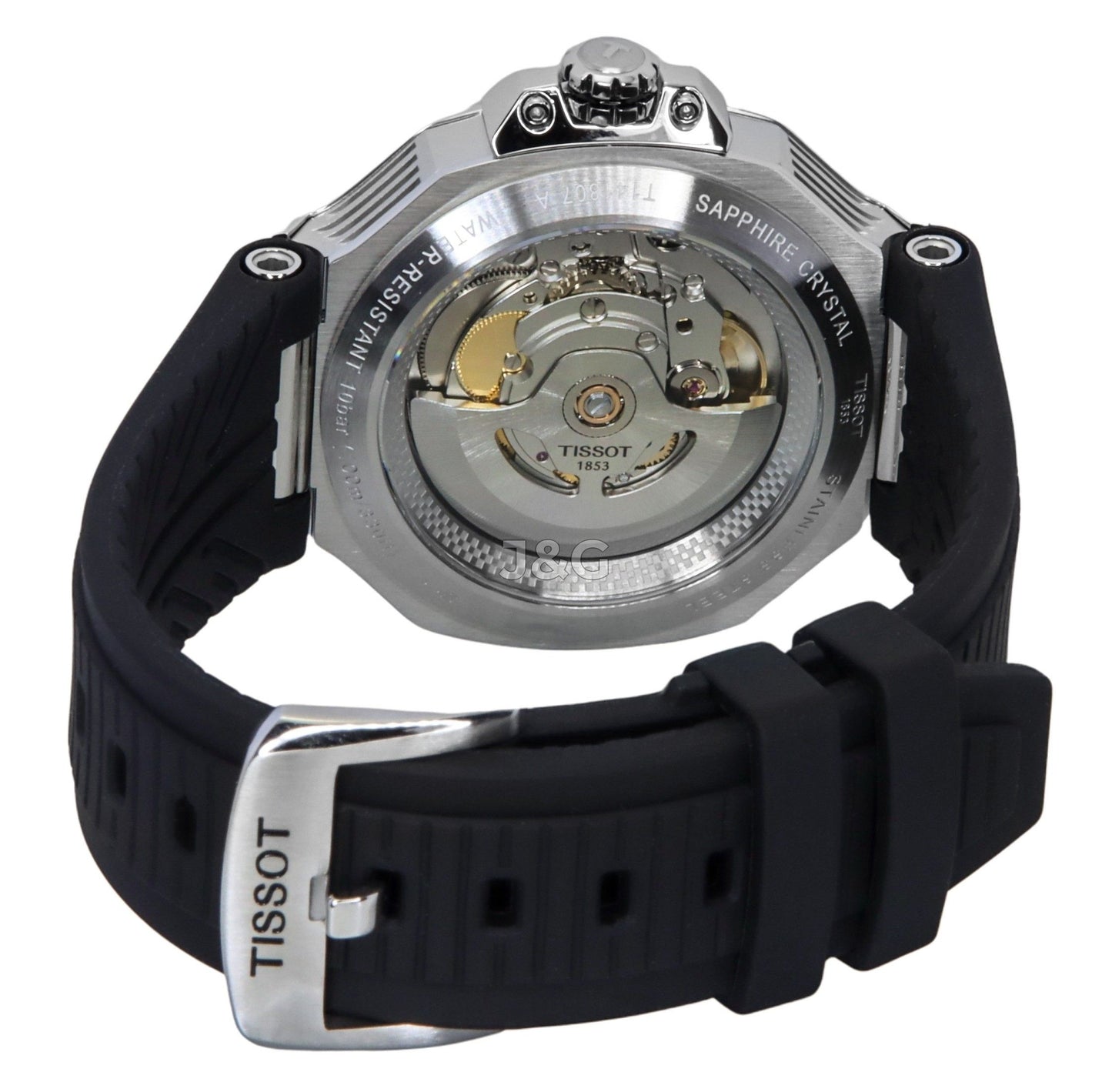 Tissot T-Race Anti-reflective Black Silicone Male T141.807.17.051.00. A brand-new Tissot T-Race watch featuring a Black dial and a Silicone strap. Angled view. - view 4